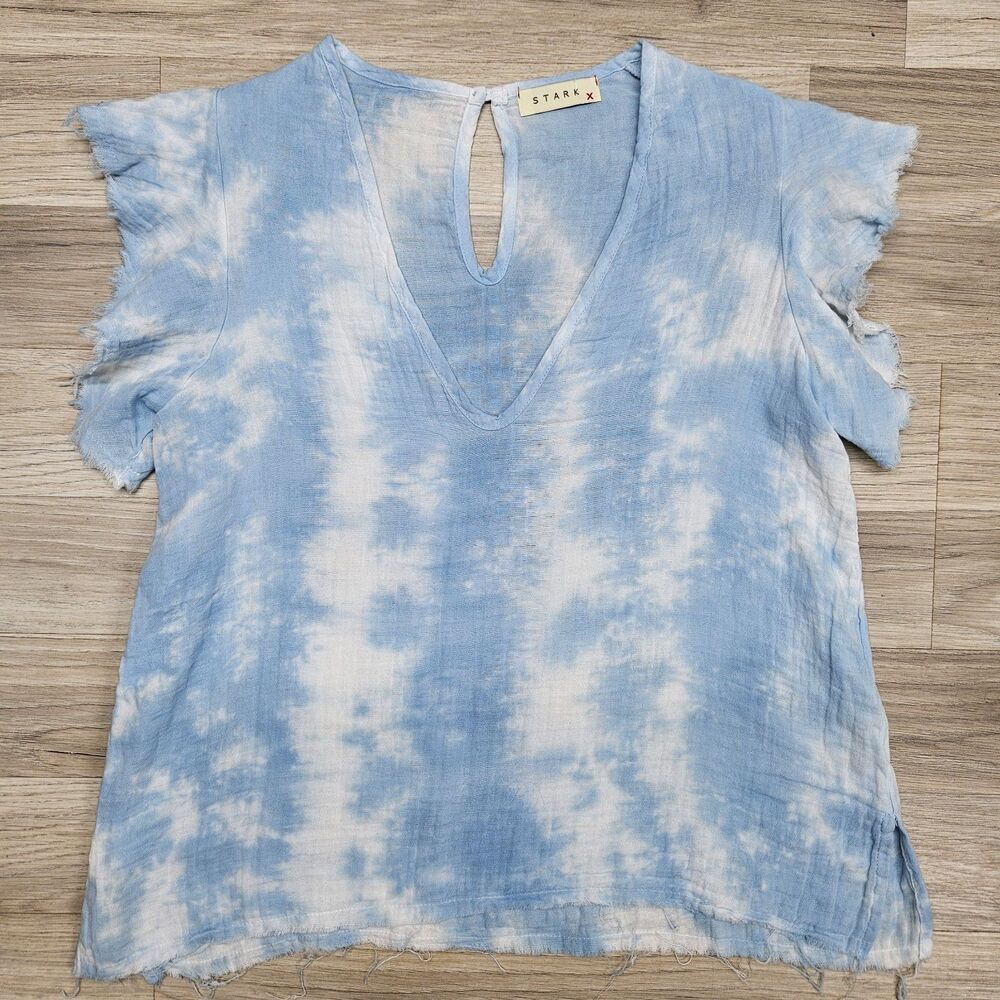 Stark X Womens Shirt XS Blue Tie Dye 100% Cotton Raw Hem Frayed